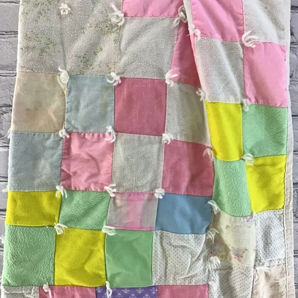 Vintage Baby Blanket Quilt‎ Throw Pink Bunnies Kittens 51